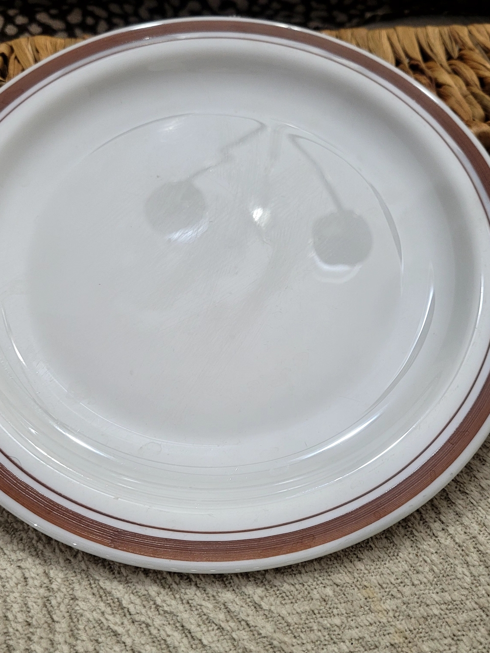 Vintage Arcapal France Restaurant Plate Set of 2. Brown Rim White Glass 7.5".